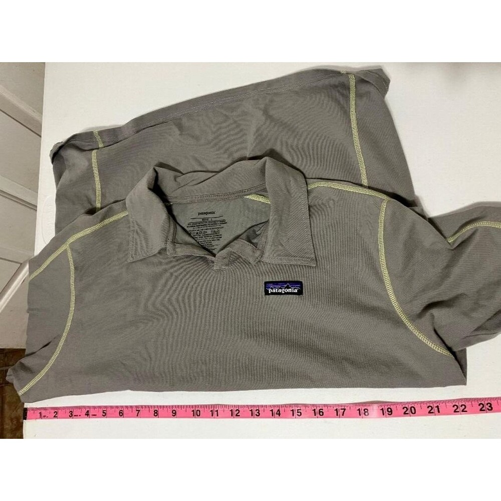 Patagonia Men's Polo Large Gray Shirt Organic Cotton Yellow Stitch Trim  V Neck - Picture 6 of 9